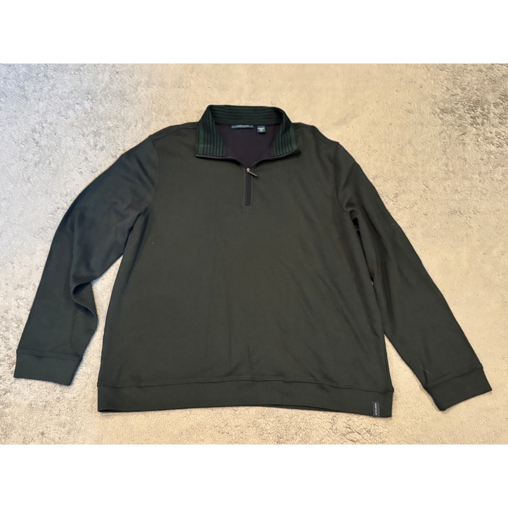 Perry Ellis Mens Quarter Zip Pullover Sweater Navy Blue XL Striped Collar